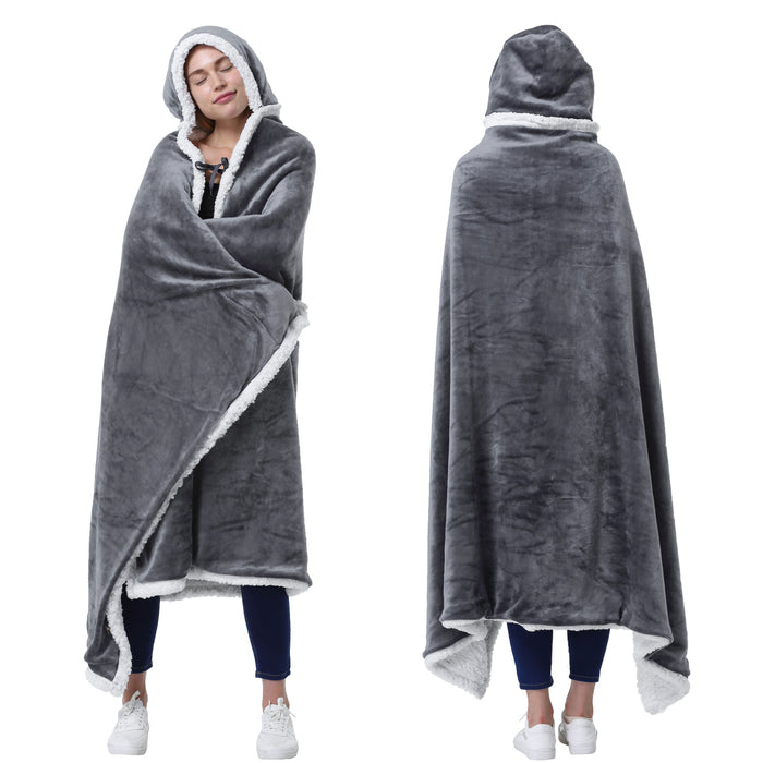 Sherpa Hooded Blanket Poncho with Hand Pockets