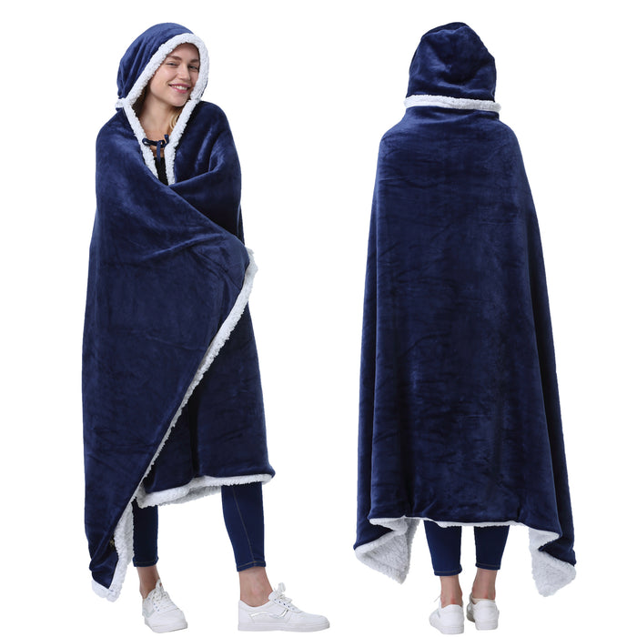 Sherpa Hooded Blanket Poncho with Hand Pockets