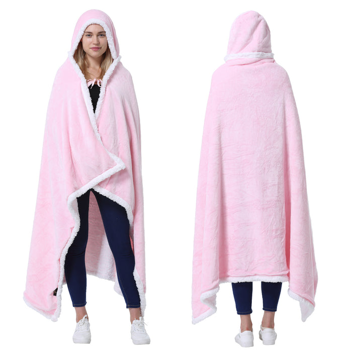 Sherpa Hooded Blanket Poncho with Hand Pockets