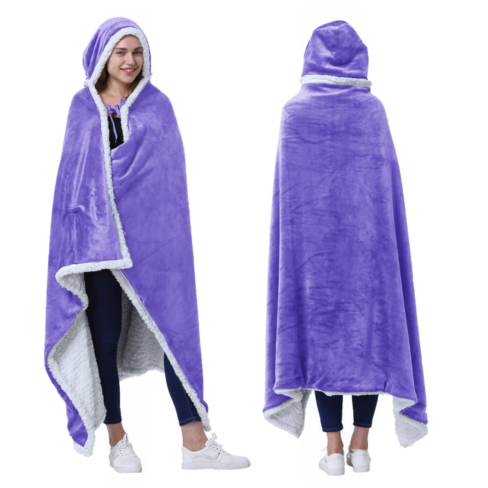 Sherpa Hooded Blanket Poncho with Hand Pockets