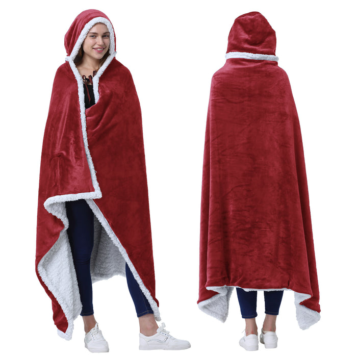 Sherpa Hooded Blanket Poncho with Hand Pockets