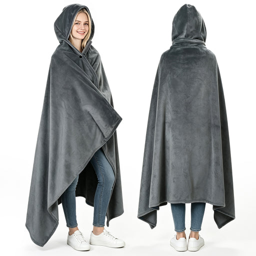 Sherpa fleece hooded blanket poncho - light gray side angle view