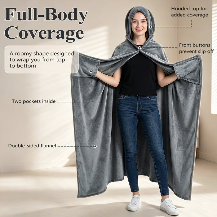 Sherpa fleece hooded blanket poncho - heather gray pocket detail view