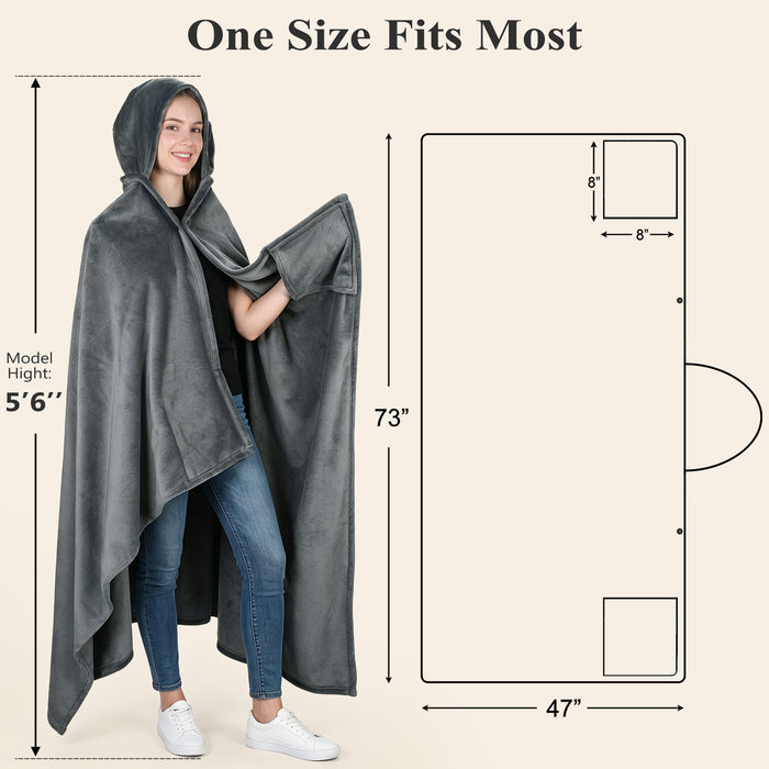 Sherpa fleece hooded blanket poncho - charcoal gray hood detail view