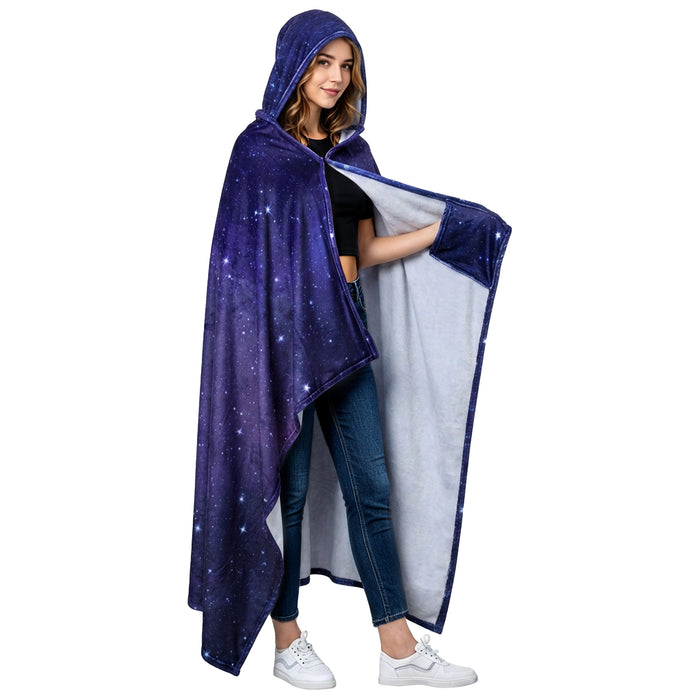 Sherpa fleece hooded blanket poncho - zodiac pattern size comparison view