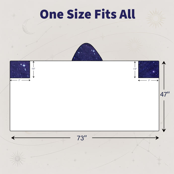 Sherpa fleece hooded blanket poncho - space planet print size comparison view