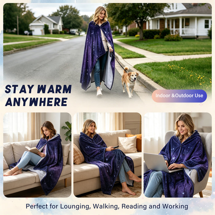 Sherpa fleece hooded blanket poncho - zodiac pattern sleeve and cuff detail