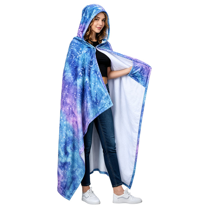 Sherpa fleece hooded blanket poncho - galaxy star print folded product view