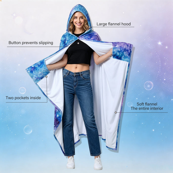 Sherpa fleece hooded blanket poncho - cosmic nebula print front pocket detail close-up