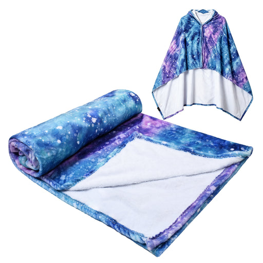 Sherpa fleece hooded blanket poncho - galaxy star print side view with arm extended