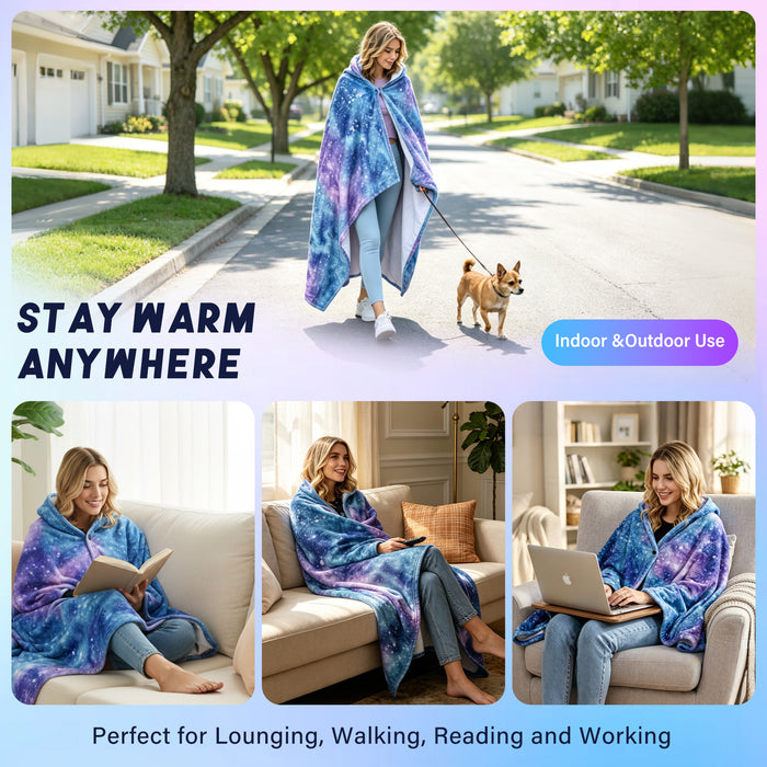 Sherpa fleece hooded blanket poncho - galaxy star print front pocket detail close-up