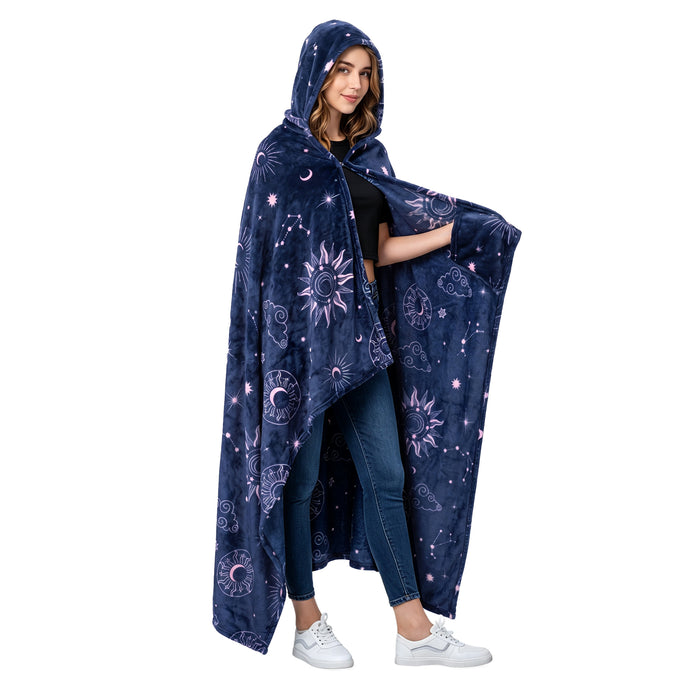Sherpa fleece hooded blanket poncho - navy astrology constellation full length standing view