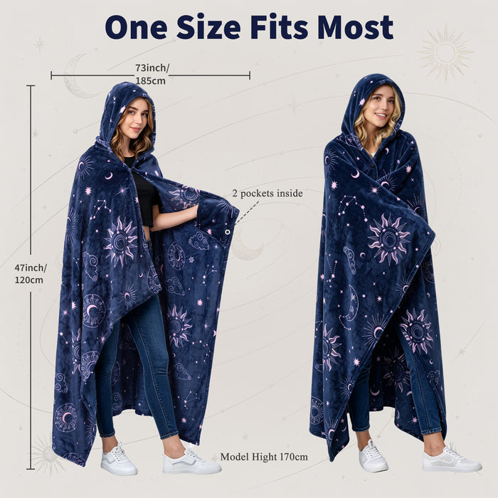 Sherpa fleece hooded blanket poncho - navy astrology constellation inside lining view