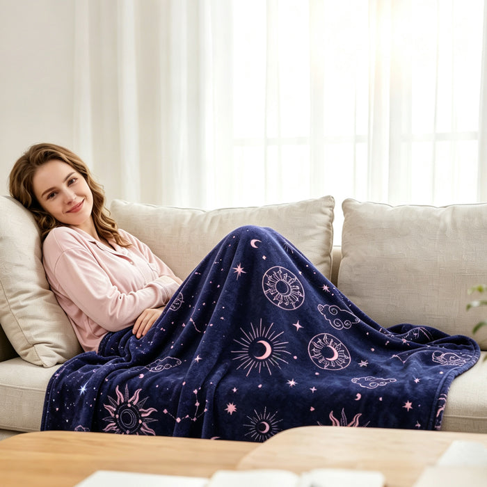 Sherpa fleece hooded blanket poncho - celestial moon and stars front view on white background
