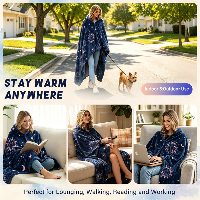 Sherpa fleece hooded blanket poncho - navy astrology constellation seated lifestyle view