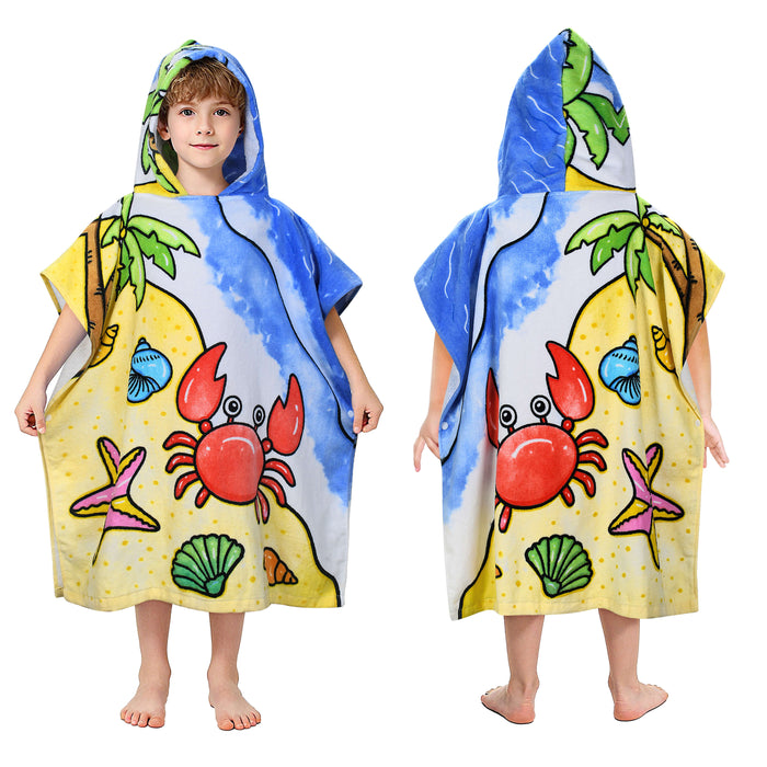 Childrens hooded beach poncho towel with red crab and ocean creature print, front and back view