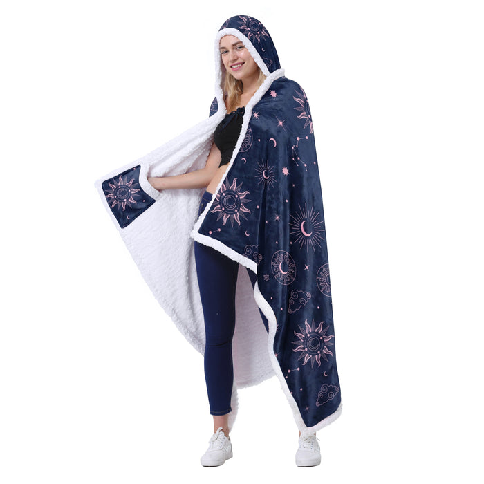 Sherpa fleece hooded blanket poncho - coral pink side view with arm extended