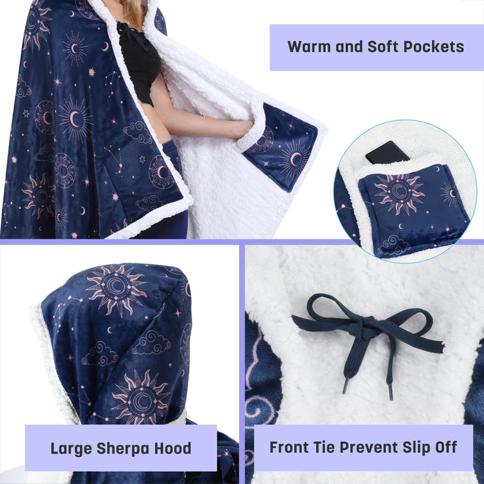 Sherpa fleece hooded blanket poncho - lavender seated lifestyle view
