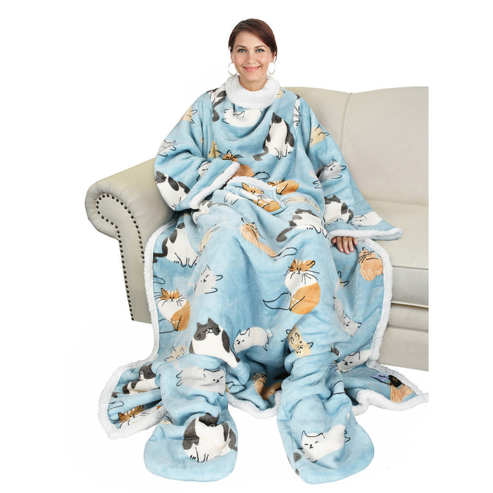 Pet Pattern Sherpa Wearable Blanket With Sleeve & Foot Pocket