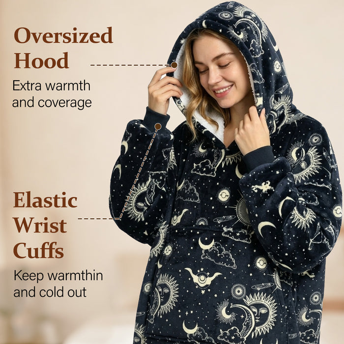 Catalonia Oversized Sherpa Hoodie Blanket, Reversible Extra Long Full Body Sweatshirt with Pockets