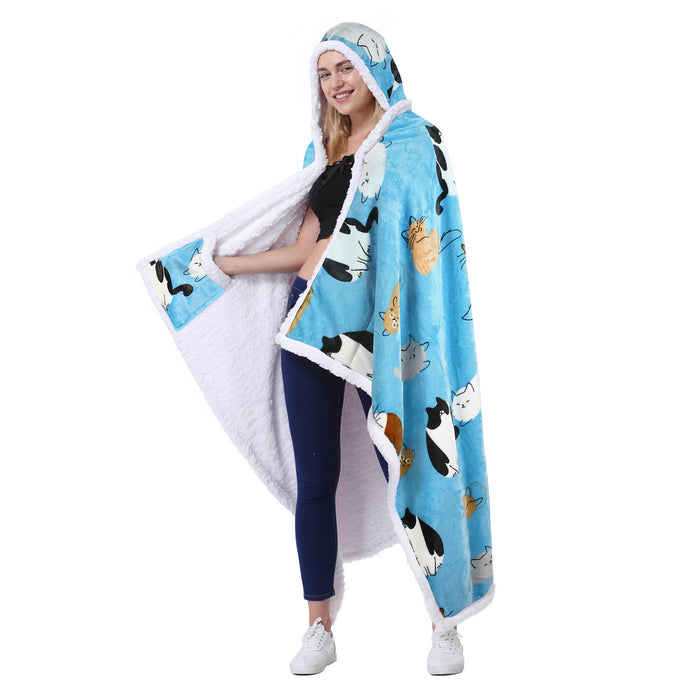 Sherpa Hooded Blanket Poncho with Hand Pockets