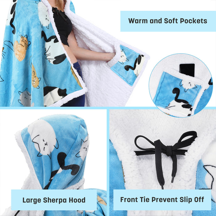 Sherpa Hooded Blanket Poncho with Hand Pockets